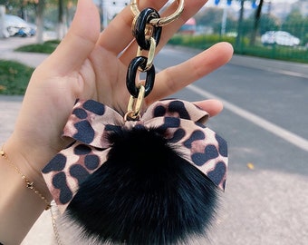 Creative Kawaii Pompom Leather Bow Keychain Fashion Rabbit Hair