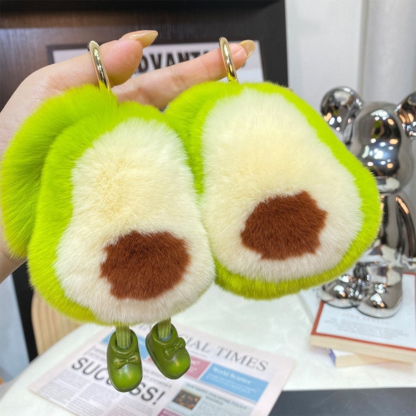 Real Rex Rabbit fur Pompom keychain-Furry Avocado Key chain-Beauty bag charm-Purse Bag Decoration-Gift Fluffy Cute Green Fruit w/ Feet