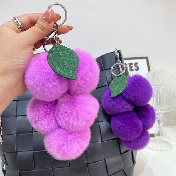 Real Rabbit fur pompom keychain-Furry Grape key chain-Beauty bag charm-Purse Bag Decoration-Christmas gift Gold Ring Fluffy Purple Grapes