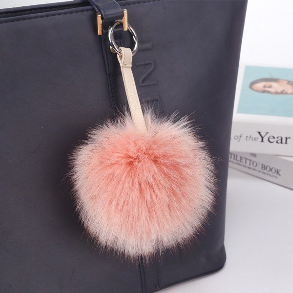 Faux Fox Fur Ball PomPom Charm KeyChain-Big Ball-Gold Ring Keychain-Cute Fluffy-Round Puff Purse Decor-Handbag Bag Decoration-Soft Pom Ball