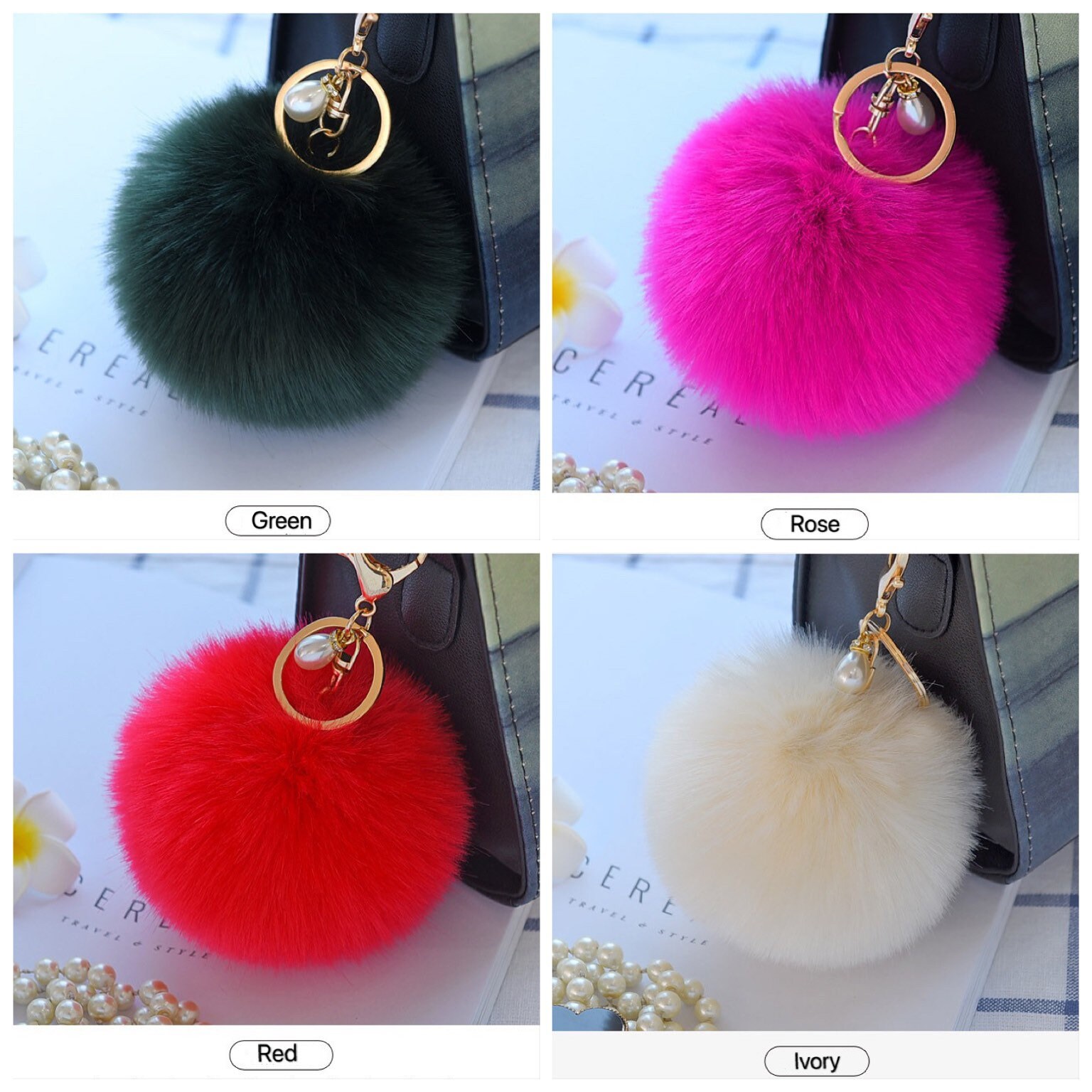 Faux Rabbit Fur Pom-Pom Key Chain Cute Fluffy Puff Ball Bows Key Ring Car  Pendan