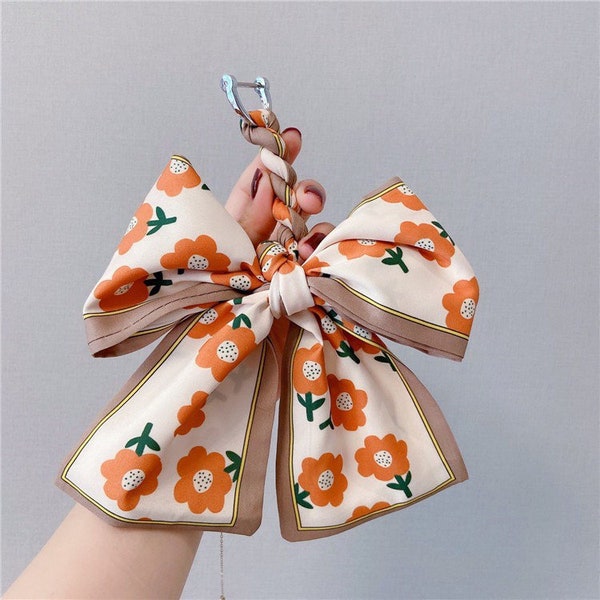 Big Bow Car Key Decor, long scarf Handbag Charm Keychain, Flower Scarf handbag backpack Accessory, Purse Decor Keychain, car key Fashion