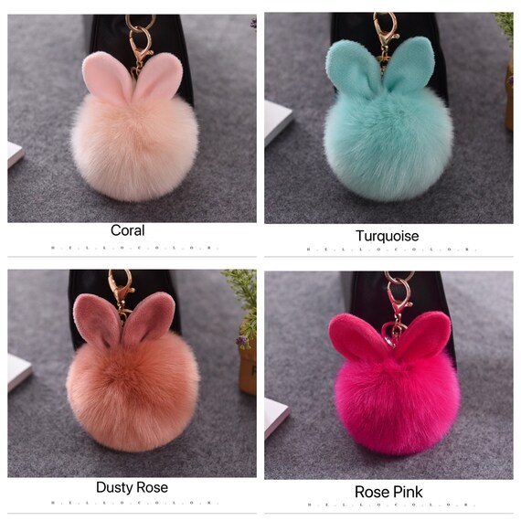 Rabbit Ears Fur Ball Bag Charms With Golden Keyring Pom Pom Fluffy