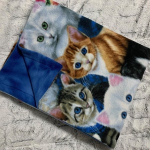 Small 27 x 34 - Cat and Kitten Print with Blue Tie Die Print - Handmade Fleece Cat Blanket Reversible