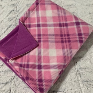 Large 35 x 57 - Pink and Purple Tartan Plaid Print - Handmade Fleece Dog Blanket Reversible