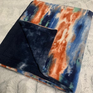 Small 28 x 34 - Multi Color Splatter Print with Blue Tie Die Print - Handmade Fleece Dog Blanket Reversible