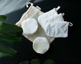 10 Reusable Pads and 3 Gloves, Organic Velvet Cotton Facial Rounds Makeup Remover Pads in Organic Cotton Mesh Wash Bag | Plastic Fre
