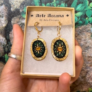 Sun Earrings Miniature Painting Wearable Art Gold Leaf