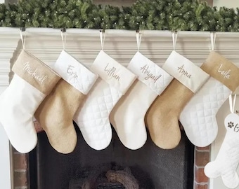 Personalised Christmas stockings. Custom Christmas stockings. Christmas Stockings. Australia, Burlap, Ivory, Quilted, Printed name.  Fast