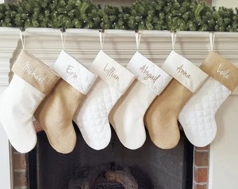 Personalised Christmas Stocking Burlap Ivory Quilted Printed Embroidery Name Pet & family farmhouse fast shipping custom stocking decoration
