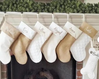 Personalised Pet Christmas Stockings and family: Burlap Ivory Quilted Embroidery, Embroidered stockings pet custom stocking Australia