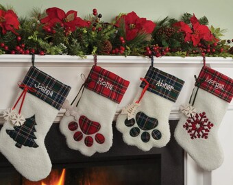 Personalised Christmas stockings for pets and people. Custom name. Embroidery design Christmas stocking.