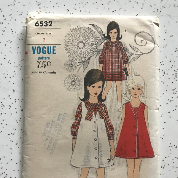 1960s VOGUE Child's A Line Trapeze Style Button Front Jumper and Shift Dress Sewing Pattern - Vogue 6532 - size 7