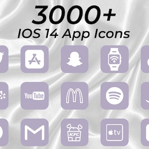 May include: A collection of 3,000+ iOS 14 app icons in a light purple color scheme. The icons include popular apps like Twitter, Apple, Snapchat, Apple Watch, TikTok, Yelp, YouTube, McDonald's, Spotify, Amazon, Pinterest, Mail, KFC, Apple TV, and a heart.