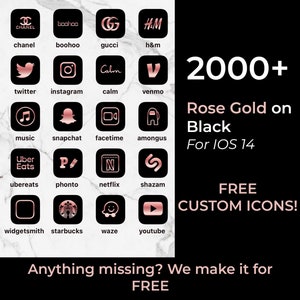 以下が含まれることがあります： iOS 14 用の無料のカスタムアイコン 2,000 個以上。アイコンは黒地にローズゴールドで、Instagram、Twitter、Snapchat、Uber Eats などの一般的なアプリが揃っています。