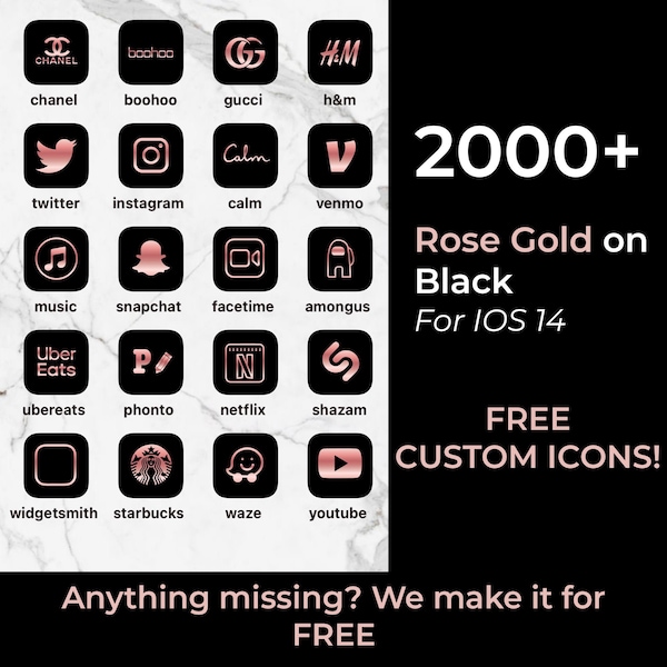 2000+ iPhone Rose Gold iOS 17 App Icons Pack | Rose Gold and Black Icons Aesthetic | iPhone IOS17 | Personalised Home Screen Widget