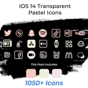 May include: A collection of 1050+ pastel colored icons for iOS 14. The icons are transparent and feature popular apps like Twitter, Spotify, Snapchat, Amazon, Apple TV, YouTube, and more.