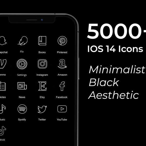 5000+ Minimal Black iPhone iOS 17 App Icons Pack | White Icon Aesthetic Black Background | Social Media Phone IOS17 | Home Screen Widget
