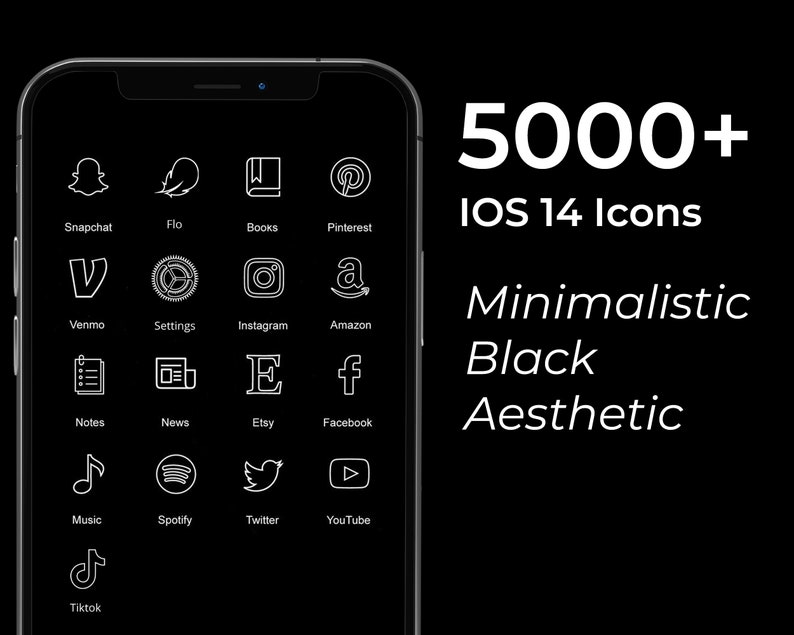 5000+ Minimal Black iPhone IOS 14 App Icons Pack | White Icon Aesthetic Black Background | Social Media Phone IOS14 | Home Screen Widget 