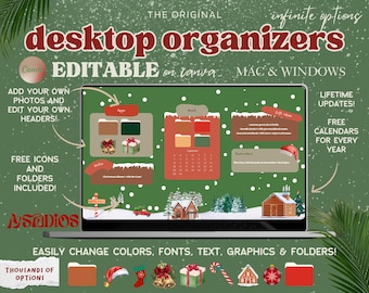 Editable Christmas Desktop Organizers | Desktop Wallpapers & Folder Icons | Canva Template Mac + Windows | School Work Business Productivity