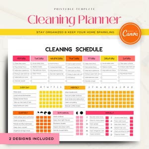 Op de afbeelding: Een printbare schoonmaakschema-planner met een geel, oranje en roze kleurenschema. De planner bevat dagelijkse, wekelijkse, maandelijkse, driemaandelijkse, halfjaarlijkse en jaarlijkse schoonmaaktaken. De tekst "Cleaning Planner" staat bovenaan de pagina, en de tekst "2 Designs Included" staat onderaan de pagina.