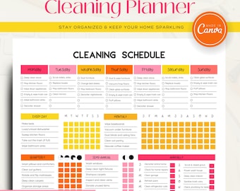 May include: A printable cleaning schedule planner with a yellow, orange, and pink color scheme. The planner includes daily, weekly, monthly, quarterly, semi-annual, and annual cleaning tasks. The text "Cleaning Planner" is at the top of the page, and the text "2 Designs Included" is at the bottom of the page.