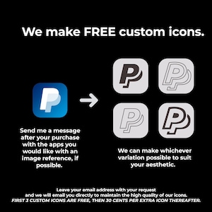 May include: A graphic showing how to get custom icons made. The image shows a blue icon with a white "P" inside, an arrow pointing to the right, and four variations of the "P" icon in black and white. The text reads "We make FREE custom icons. Send me a message after your purchase with the apps you would like with an image reference, if possible. We can make whichever variation possible to suit your aesthetic. Leave your email address with your request and we will email you directly to maintain the high quality of our icons. FIRST 3 CUSTOM ICONS ARE FREE, THEN 30 CENTS PER EXTRA ICON THEREAFTER."