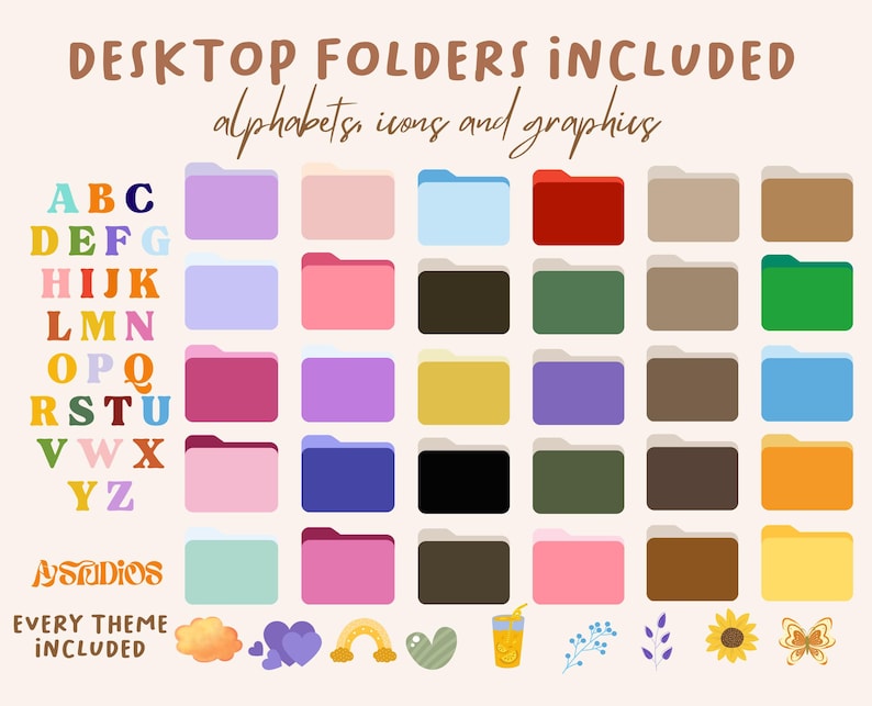 May include: A set of colorful desktop folder icons with letters of the alphabet, icons, and graphics. The icons include a cloud, heart, rainbow, and a sunflower.