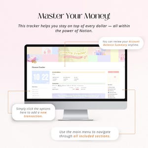 Puede incluir: Un monitor de computadora que muestra una interfaz de seguimiento financiero. La pantalla muestra un calendario, el saldo de la cuenta y los detalles de la transacci&oacute;n. El texto en la pantalla incluye "Master Your Money!" y "Finance Tracker". La imagen tambi&eacute;n incluye llamadas con instrucciones.