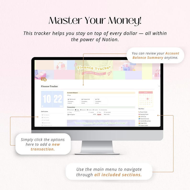 Puede incluir: Un monitor de computadora que muestra una interfaz de seguimiento financiero. La pantalla muestra un calendario, el saldo de la cuenta y los detalles de la transacci&oacute;n. El texto en la pantalla incluye "Master Your Money!" y "Finance Tracker". La imagen tambi&eacute;n incluye llamadas con instrucciones.