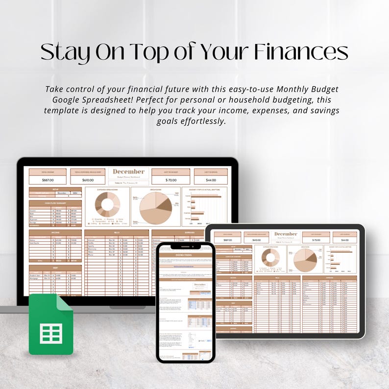 May include: A screenshot of a Google Spreadsheet template for a monthly budget. The template is designed to help track income, expenses, and savings goals. The spreadsheet is shown on a laptop, tablet, and phone screen. The spreadsheet has a brown and white color scheme and includes charts and graphs.