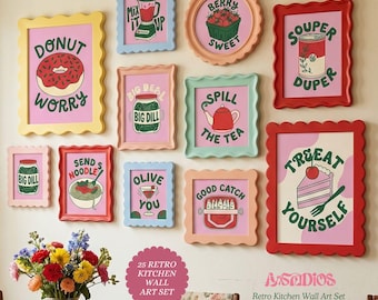Retro Pink Kitchen Wall Art Bundle, 25 Food and Drink Prints, Pink Café Posters, Kitchen Decor Download