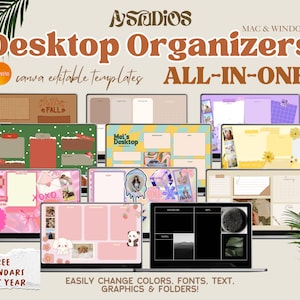 Editable Mega Bundle Desktop Organizers | Wallpapers & Folder Icons | Canva Template Mac + Windows | School Work Business Productivity 2024
