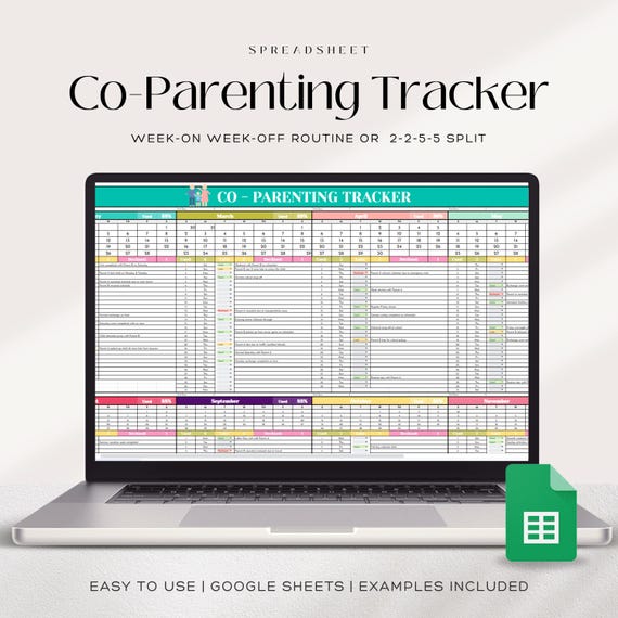 Co-Parenting Tracker Google Sheets | Custody Calendar, 2-2-5-5 & WOWO Schedule | Used/Late Log, Allowed/Denied Log, Parenting Calendar