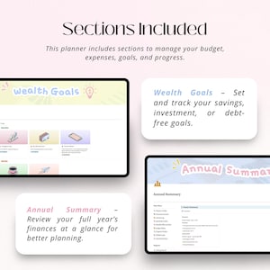 Puede incluir: Un planificador digital con el texto "Secciones incluidas" y "Este planificador incluye secciones para administrar su presupuesto, gastos, metas y progreso". El planificador incluye secciones para objetivos de riqueza y resumen anual.