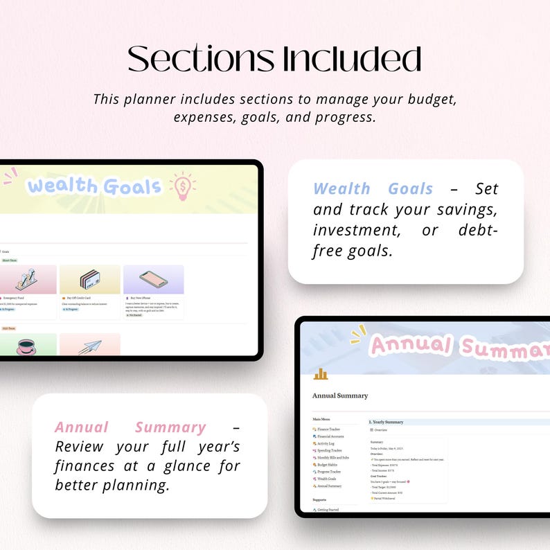 Puede incluir: Un planificador digital con el texto "Secciones incluidas" y "Este planificador incluye secciones para administrar su presupuesto, gastos, metas y progreso". El planificador incluye secciones para objetivos de riqueza y resumen anual.