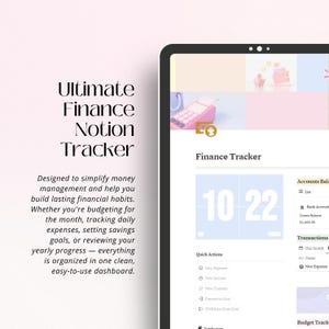Puede incluir: Un rastreador financiero digital en la pantalla de una tableta. La interfaz muestra un calendario con los n&uacute;meros 10 y 22, junto con opciones para rastrear gastos, ingresos y metas. El texto dice "Ultimate Finance Notion Tracker."