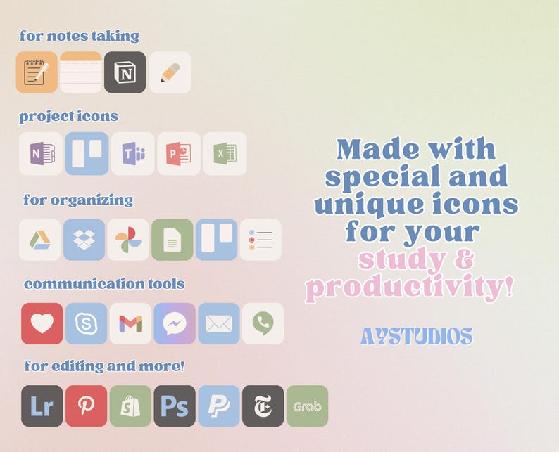 May include: A colourful graphic with icons for notes, projects, organising, communication tools, and editing. The text reads "Made with special and unique icons for your study & productivity! AYSTUDIOS".