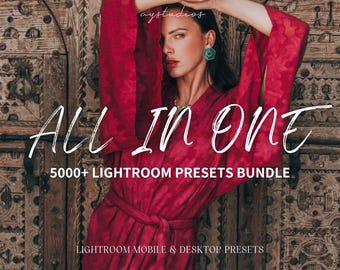 May include: A woman wearing a red robe poses in front of a wooden door. The text "All in One 5000+ Lightroom Presets Bundle Lightroom Mobile & Desktop Presets" is displayed on the image.