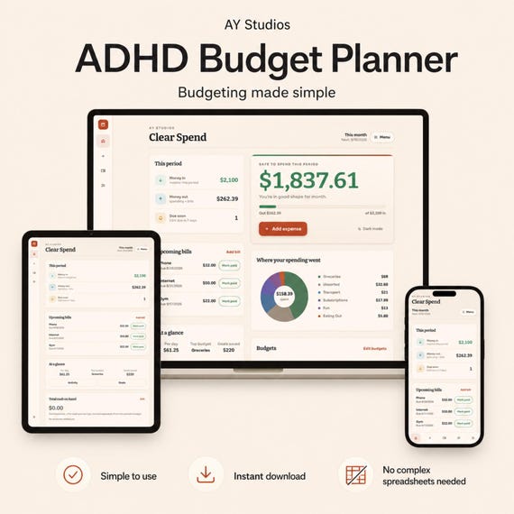 ADHD Budget Planner | Budget Tracker | Simple Budget Dashboard | Expense & Income Planner | Browser App