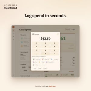 Pode incluir: Uma interface digital para a aplica&ccedil;&atilde;o Clear Spend com uma janela modal intitulada Add expense, um teclado num&eacute;rico, um visor mostrando 42,50 $ e v&aacute;rios bot&otilde;es de categoria, incluindo Groceries, Eating Out e Transport.