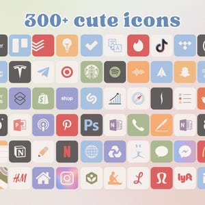 May include: A grid of colourful square icons representing popular apps and brands, including Uber, Tesla, Target, Starbucks, Spotify, Instagram, Pinterest, and more. The text "300+ cute icons" is at the top of the image.