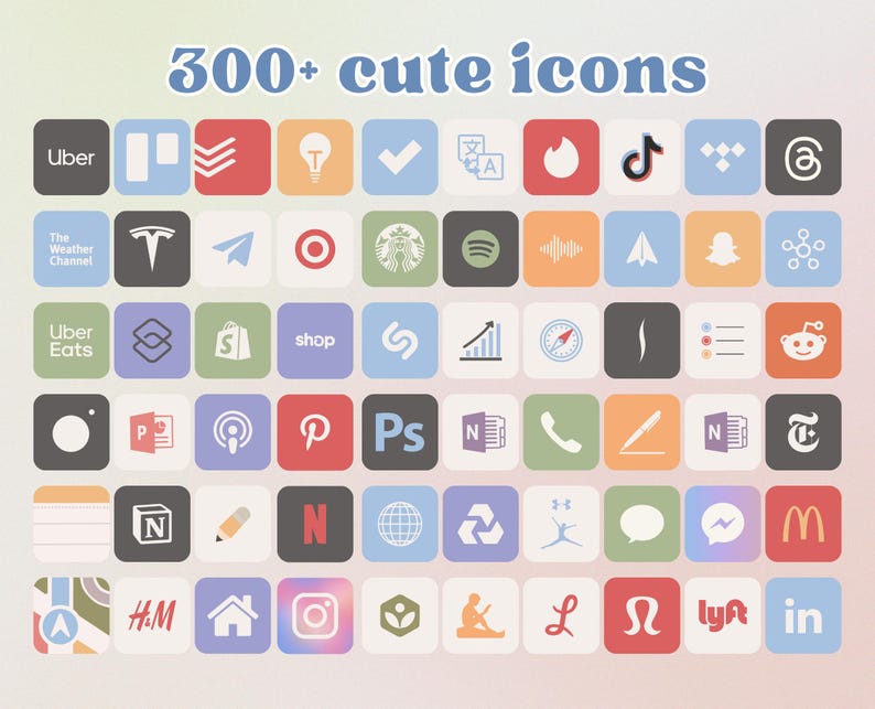May include: A grid of colourful square icons representing popular apps and brands, including Uber, Tesla, Target, Starbucks, Spotify, Instagram, Pinterest, and more. The text "300+ cute icons" is at the top of the image.