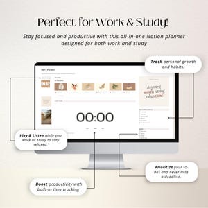 Puede incluir: Una pantalla de ordenador que muestra un planificador de Notion con un temporizador configurado en 00:00. El planificador incluye secciones para realizar un seguimiento del crecimiento personal, la superaci&oacute;n personal y las tareas pendientes. El texto "Anything worth having takes time" se muestra en la pantalla.