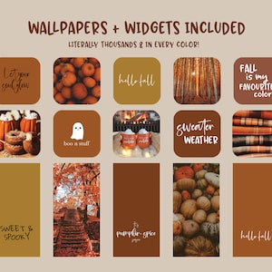 May include: A collection of digital phone wallpapers and widgets with autumn themes. The images include pumpkins, fall leaves, a ghost, a campfire, and text that says "Let your soul glow", "boo n stuff", "hello fall", "sweater weather", "Fall is my favourite color", "sweet & spooky", "pumpkin spice", and "hello fall".