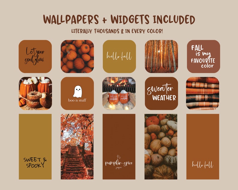 May include: A collection of digital phone wallpapers and widgets with autumn themes. The images include pumpkins, fall leaves, a ghost, a campfire, and text that says "Let your soul glow", "boo n stuff", "hello fall", "sweater weather", "Fall is my favourite color", "sweet & spooky", "pumpkin spice", and "hello fall".