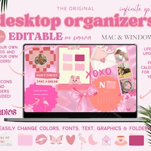 Editable Pink Desktop Organizers | Desktop Wallpapers & Folder Icons | Canva Template Mac + Windows | School Work Business Productivity