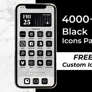 4000+ Black iPhone iOS 17 App Icons Pack | White Icon Aesthetic Black Background | Social Media Phone IOS17 | Home Screen Widget
