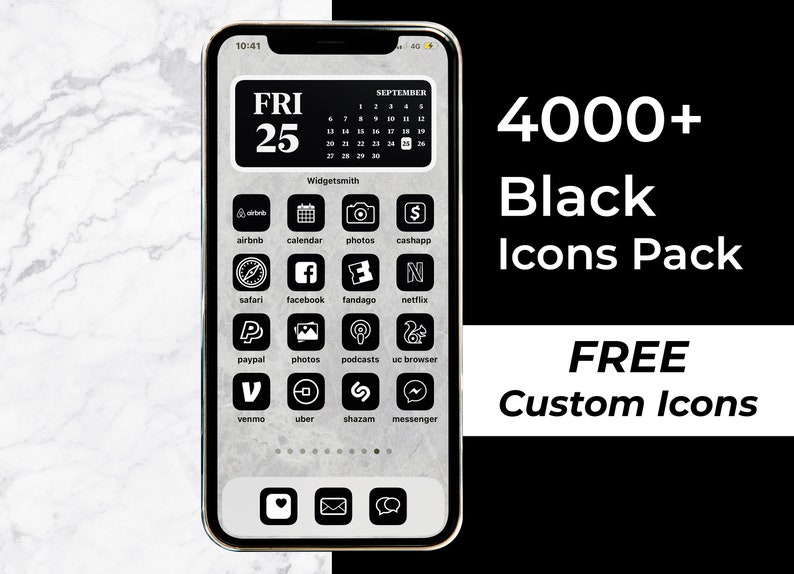 4000+ Black iPhone IOS 14 App Icons Pack | White Icon Aesthetic Black Background | Social Media Phone IOS14 | Home Screen Widget 