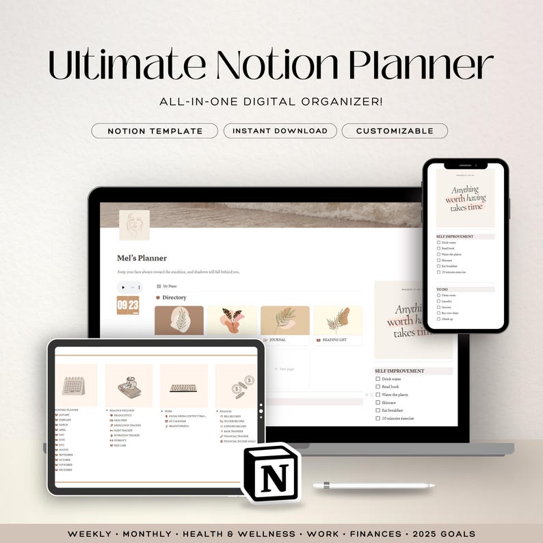 Puede incluir: Una plantilla de planificador digital para Notion, que se muestra en un port&aacute;til, una tableta y un tel&eacute;fono que muestran la interfaz del planificador. El planificador incluye secciones para semanal, mensual, salud y bienestar, trabajo, finanzas y objetivos 2025. La plantilla es personalizable e incluye un directorio, un diario y una lista de lectura.